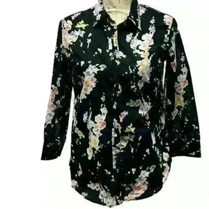 LAUREN RALPH LAUREN Black Floral 3/4 Sleeve Cotton Button Down Size Medium